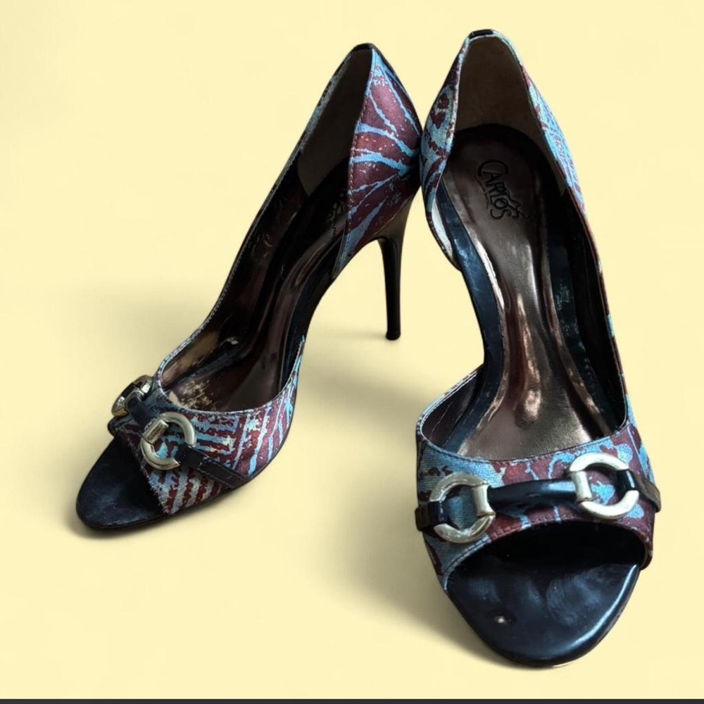 Carlos by Carlos Santana Teal and Brown Open-Toe Buckle Heels